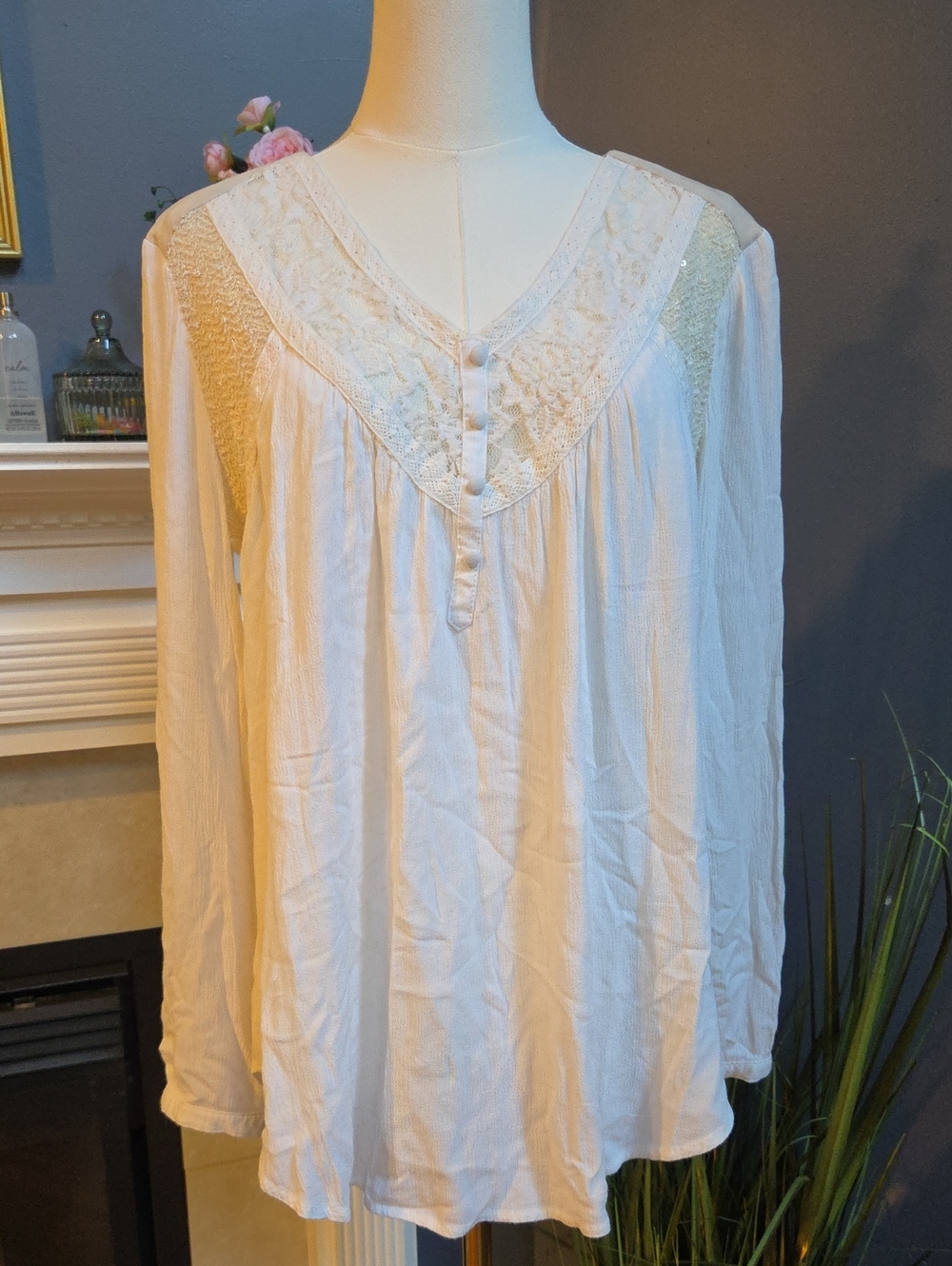 Miss Me Cream Lace Yoke Long Sleeve Blouse